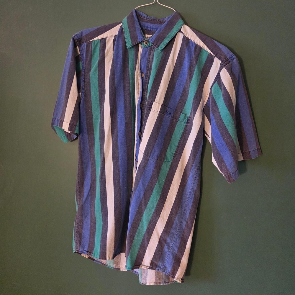 Vintage 90s Denim Express Striped Short Sleeve Button Up Shirt Mens S Blue Green